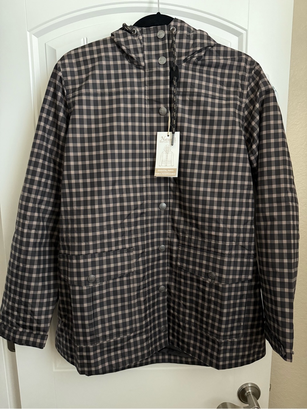 NWT Natural Reflections Plaid Parka in Charcoal and Taupe